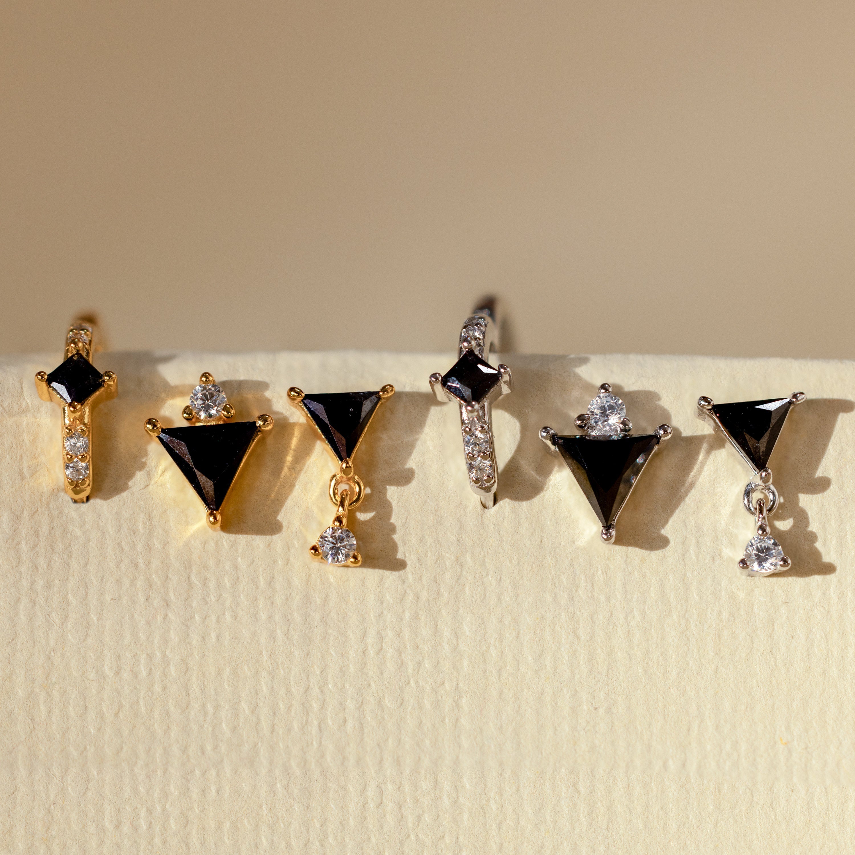 Front view of Black Art Deco Earrings in silver, gold and rose gold finish – Timeless handcrafted statement jewelry by Luxez Jewels.